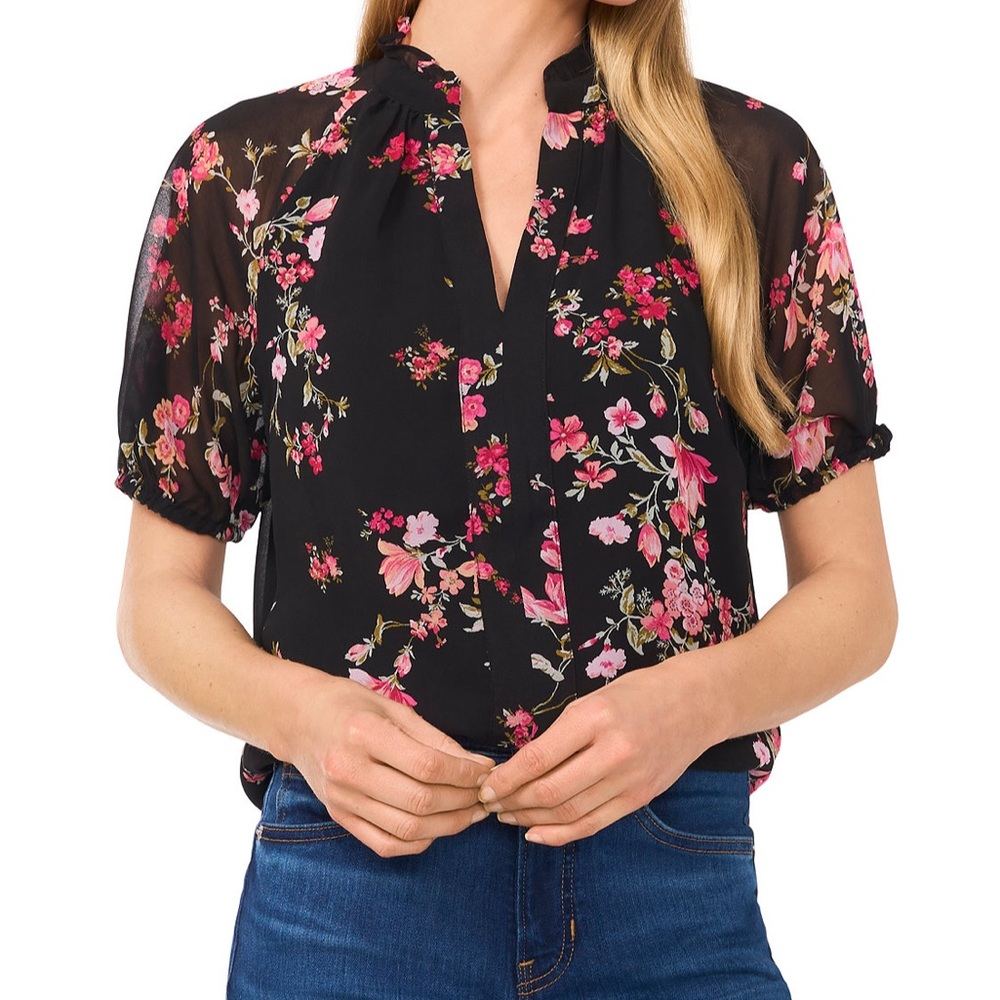 CeCe Black Blouse with Pink Floral Design